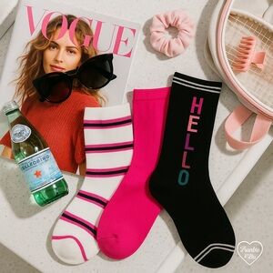 Kate Spade Crew Socks 3 Pair Set HELLO Pink Striped Women’s One Size NWT